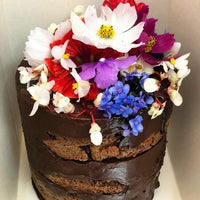 Torta de chocolate sin harina con almendras en torre con flores comestibles